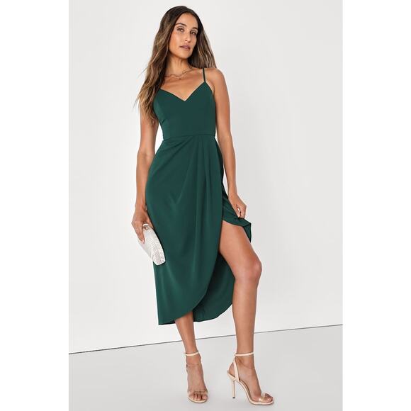 NWT Lulus Reinette Dark Green Midi Dress Cocktail Party Gala Wedding Size L - Picture 1 of 7